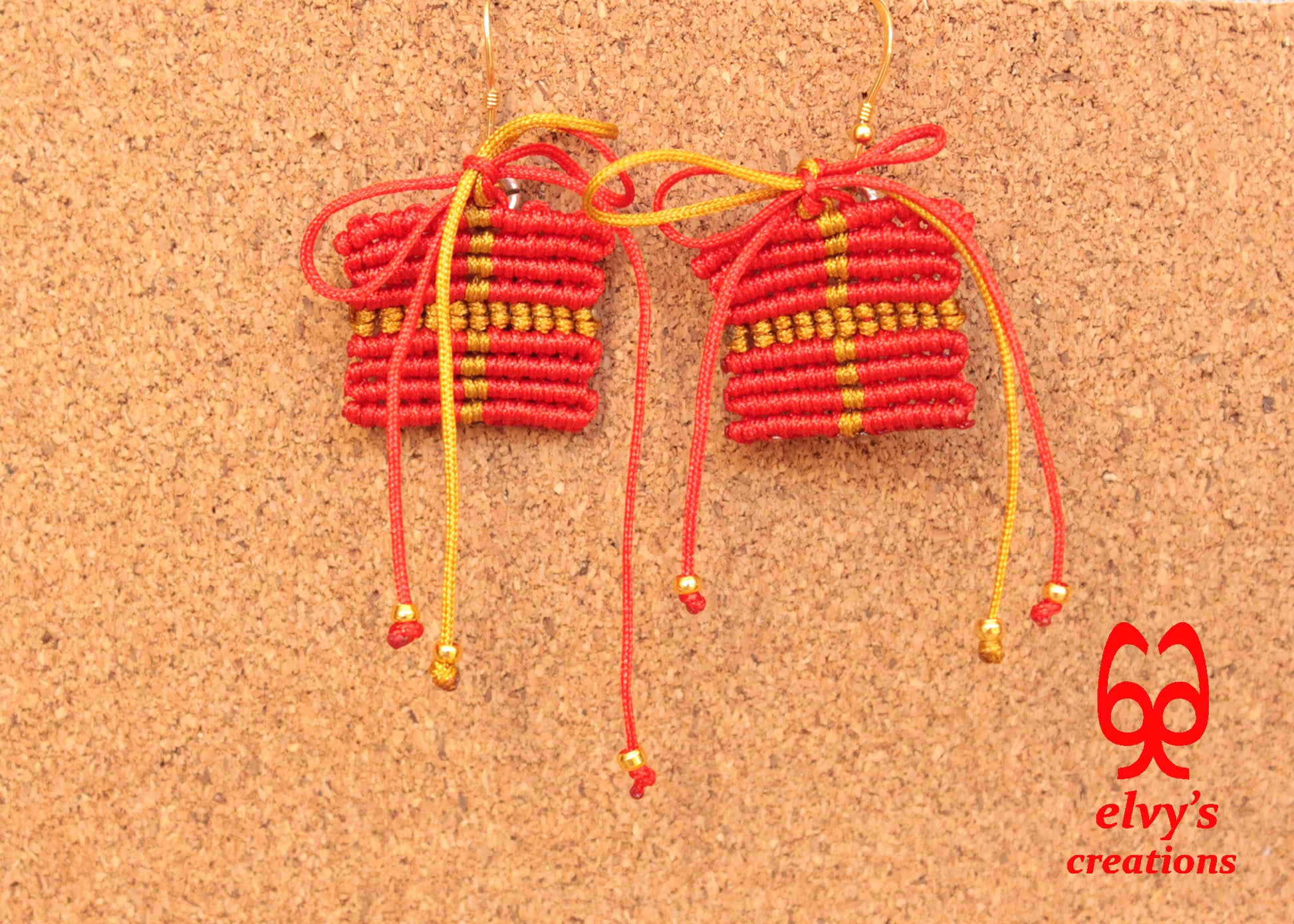 Christmas Present Macrame Earrings Holiday Season New Year Gift for her Red Christmas Present with Golden Brass Beads Sterling Silver 925