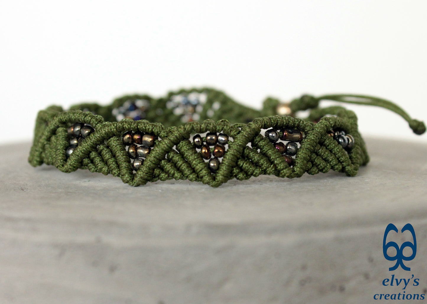 Olive Green Macrame Beaded Adjustable Bracelet Beaded Cuff Bracelet For Women