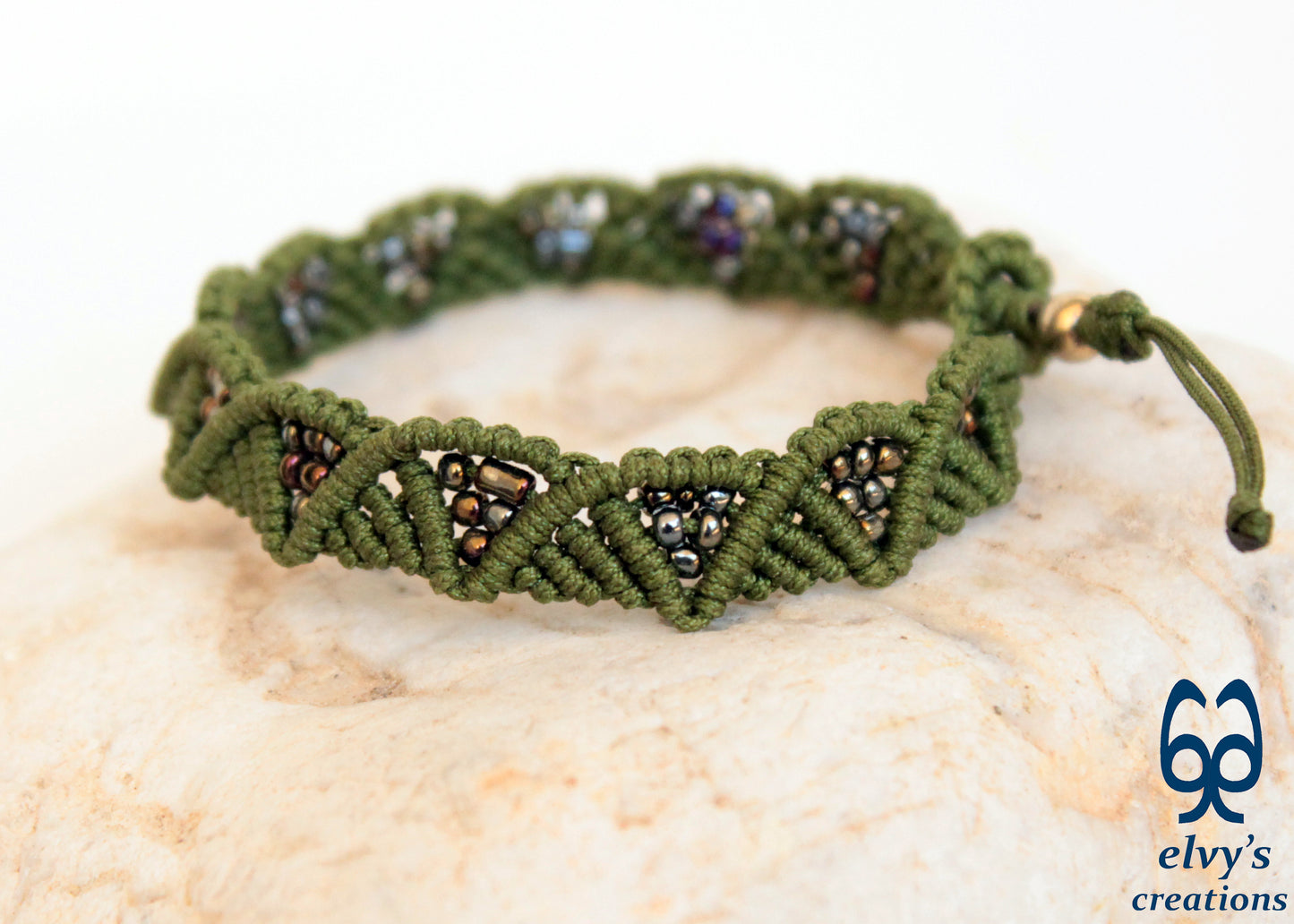 Olive Green Macrame Beaded Adjustable Bracelet Beaded Cuff Bracelet For Women