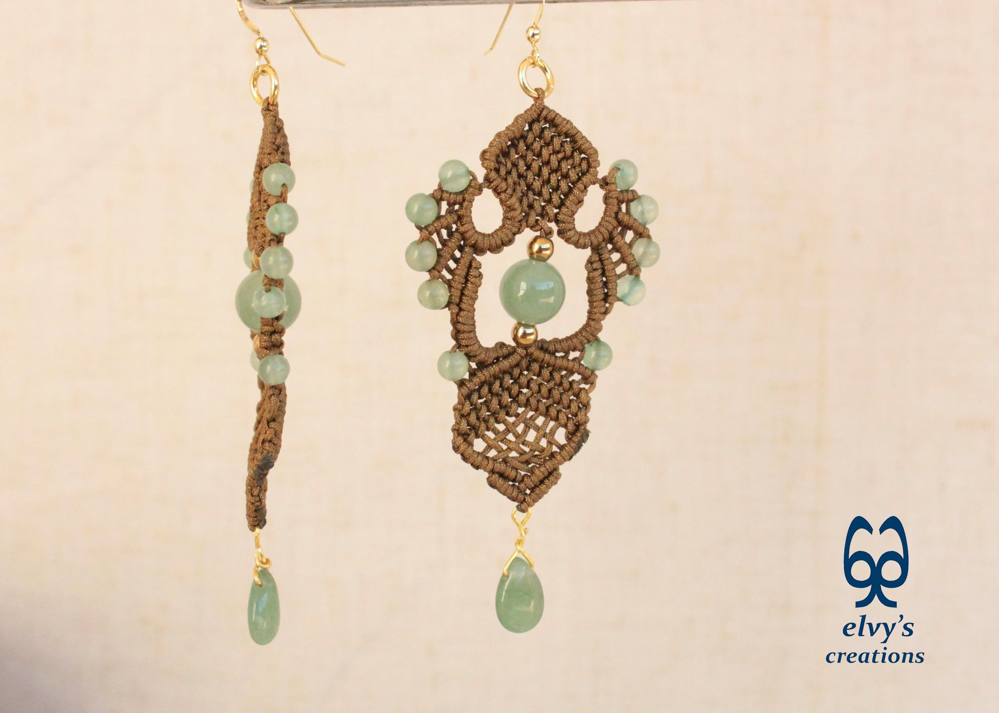 Gold Macrame Earrings with Green Aventurine Gemstones Gold Dangle Lace Earrings Gift for Women