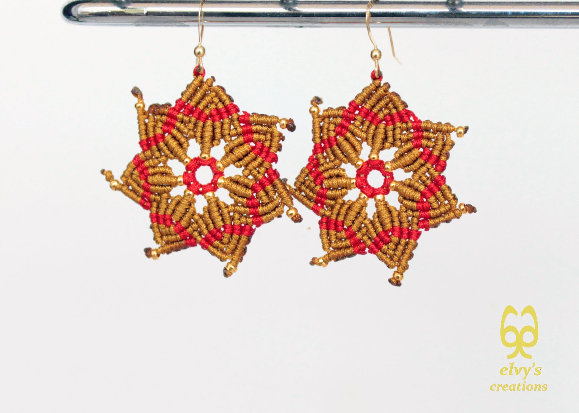 Macrame Christmas Star Earrings Holiday Season New Year Gift for her Gold Dangle Stars with Gold Brass Beads Handmade Christmas Present