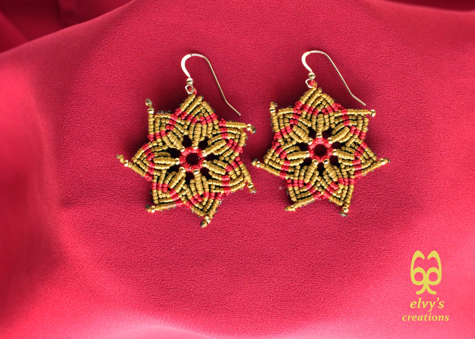 Macrame Christmas Star Earrings Holiday Season New Year Gift for her Gold Dangle Stars with Gold Brass Beads Handmade Christmas Present