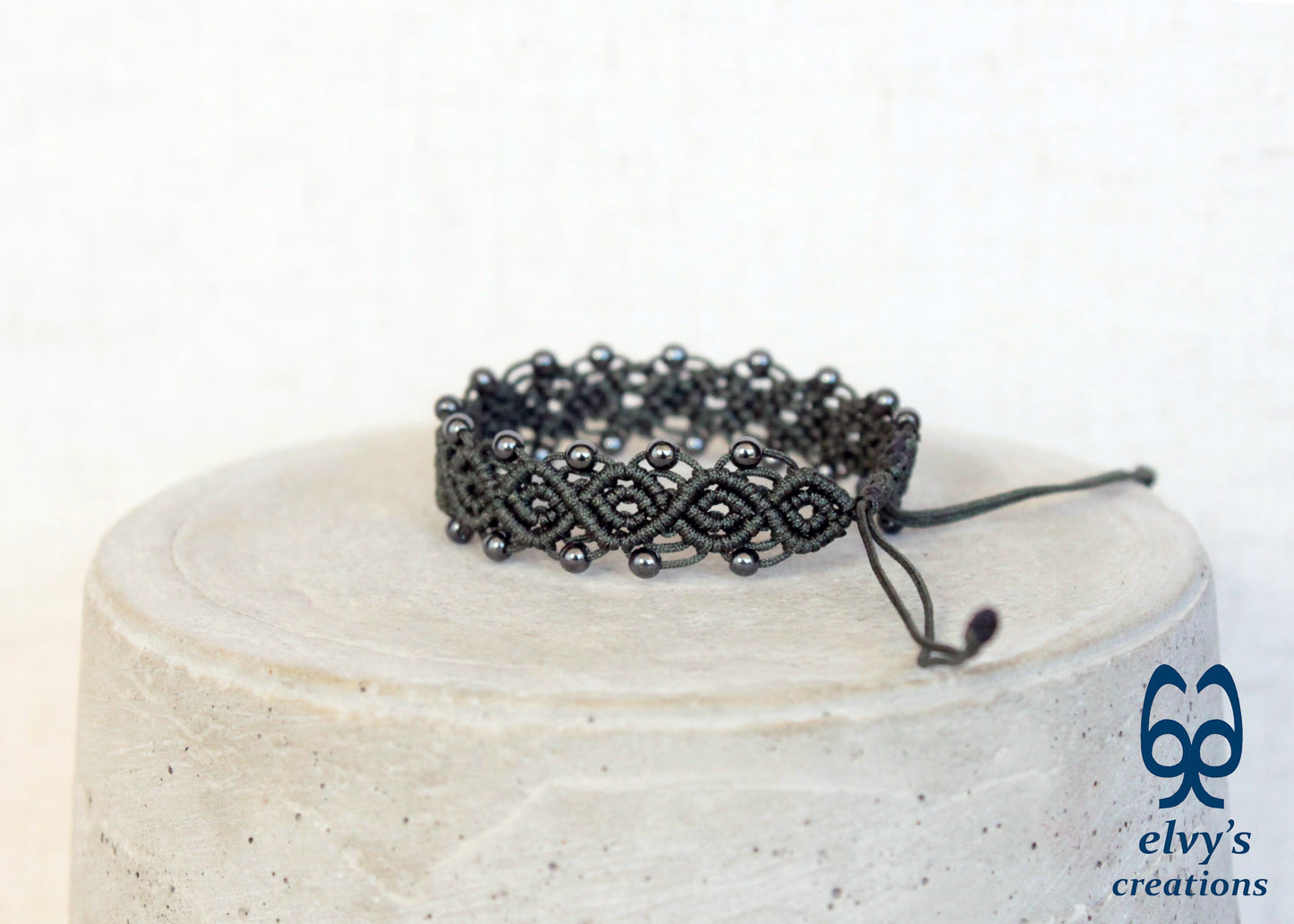 Handmade Macrame Bracelet, Hematite Gemstone Beaded Cuff, Unique Birthday Gift for Women