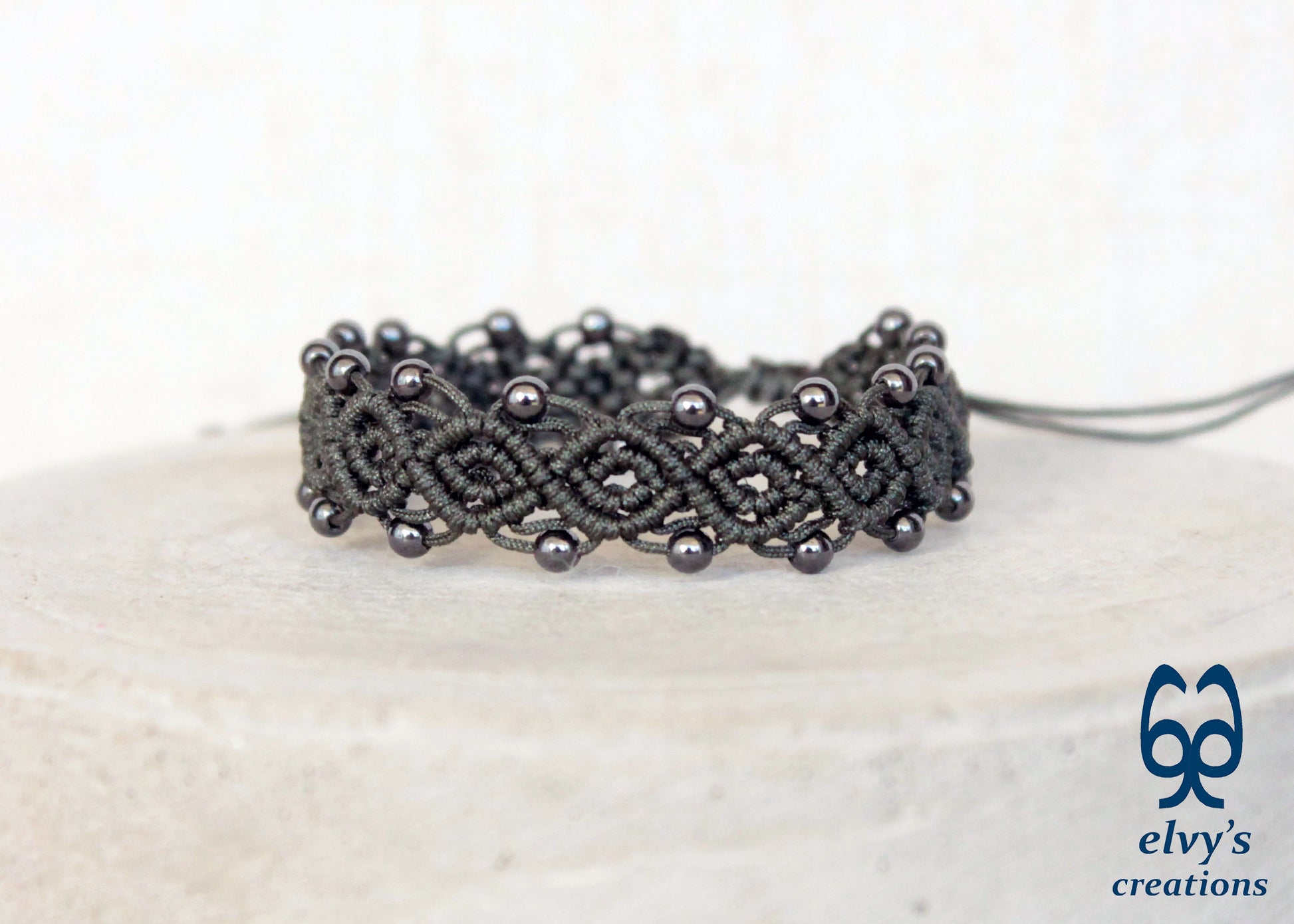 Handmade Macrame Bracelet, Hematite Gemstone Beaded Cuff, Unique Birthday Gift for Women