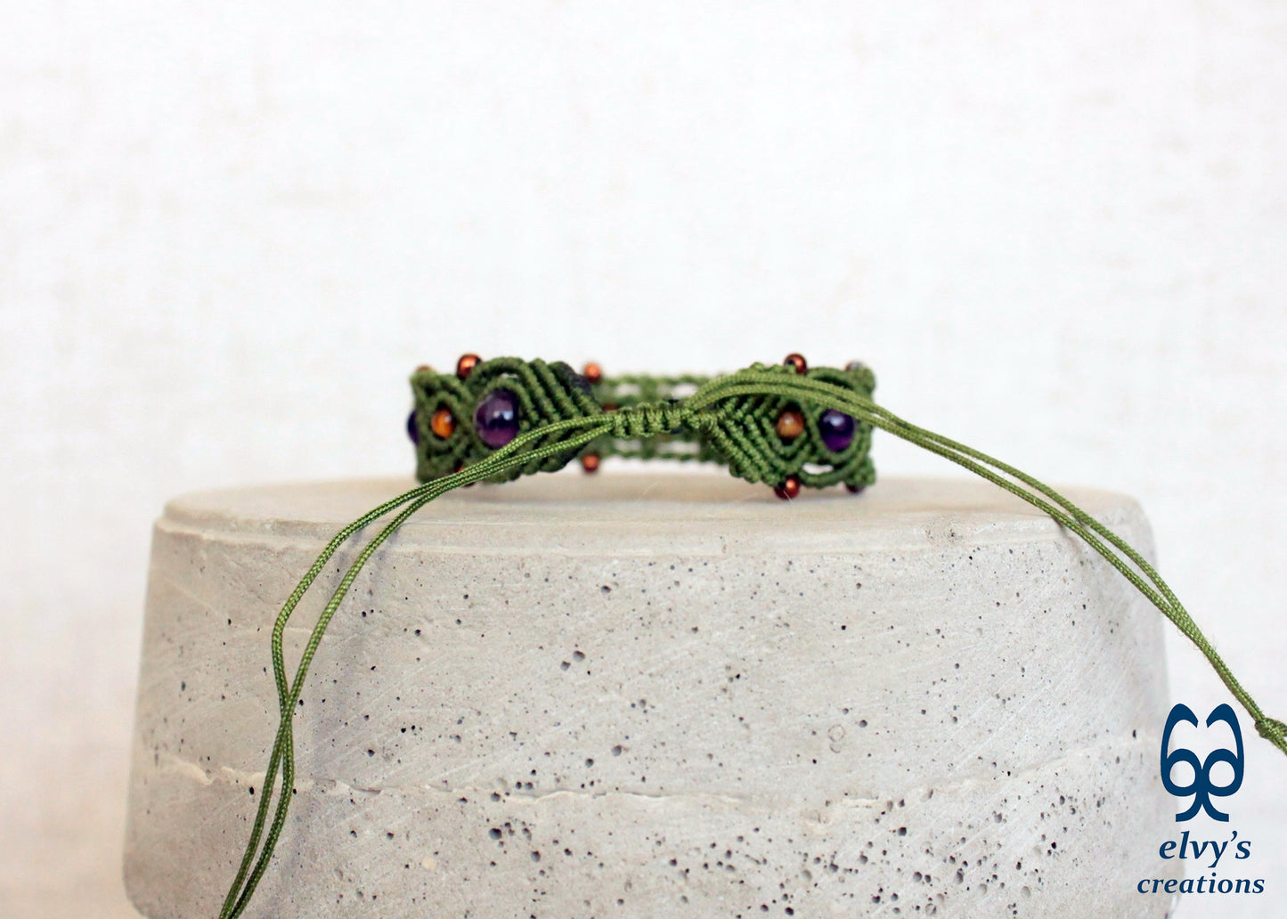 Green Macrame Bracelet with Amethyst, Hematite and Tiger Eye Bracelet for Women