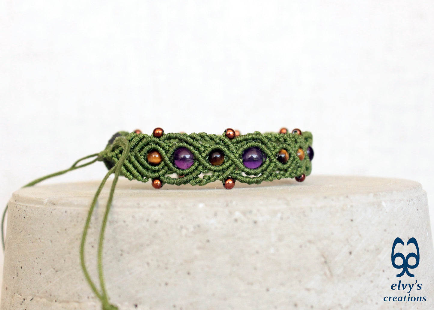 Green Macrame Bracelet with Amethyst, Hematite and Tiger Eye Bracelet for Women