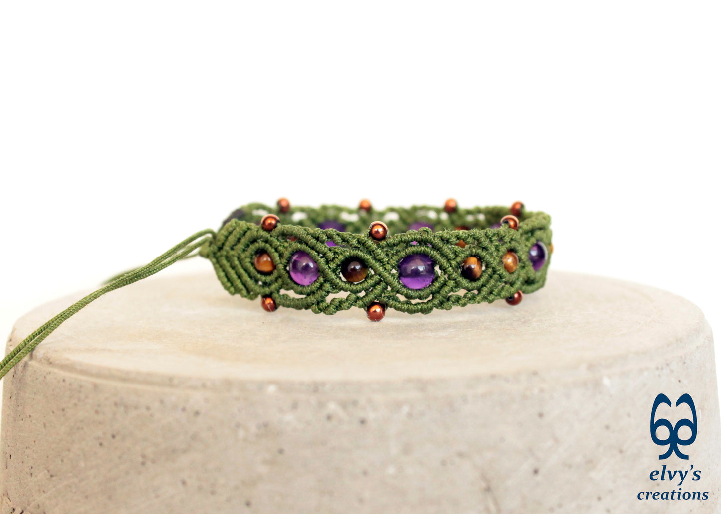 Green Macrame Bracelet with Amethyst, Hematite and Tiger Eye Bracelet for Women