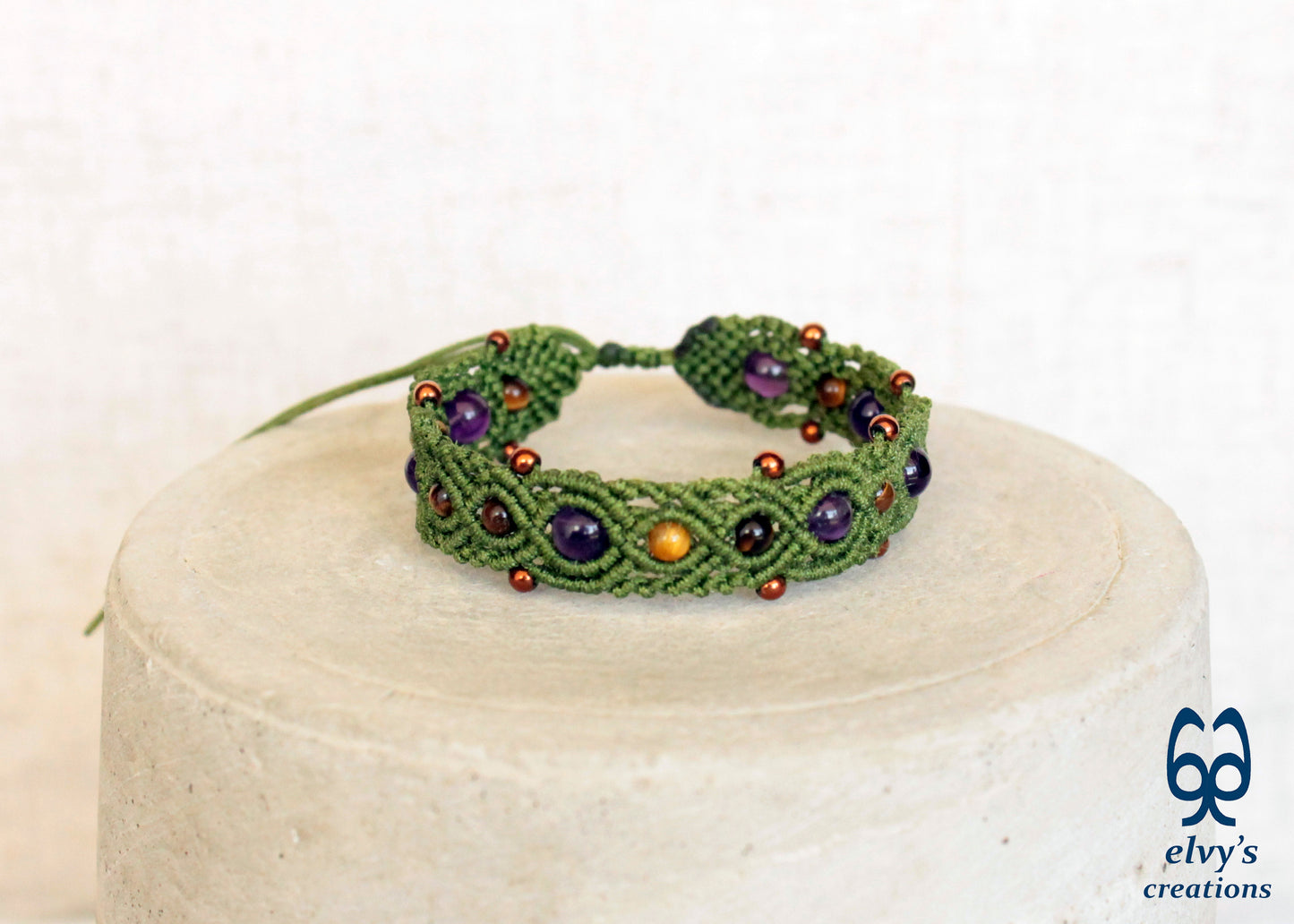 Green Macrame Bracelet with Amethyst, Hematite and Tiger Eye Bracelet for Women