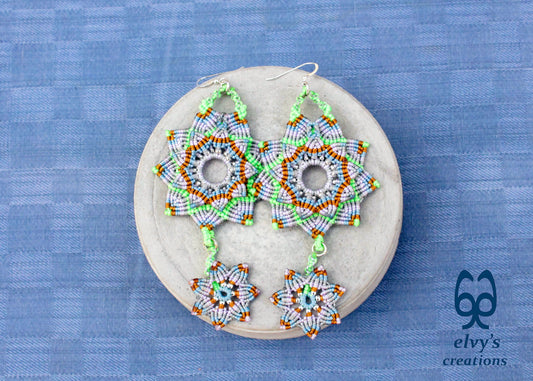 Mandala Flower Macrame Earrings, Silver Beaded Gemstone Earrings, Gift for Women