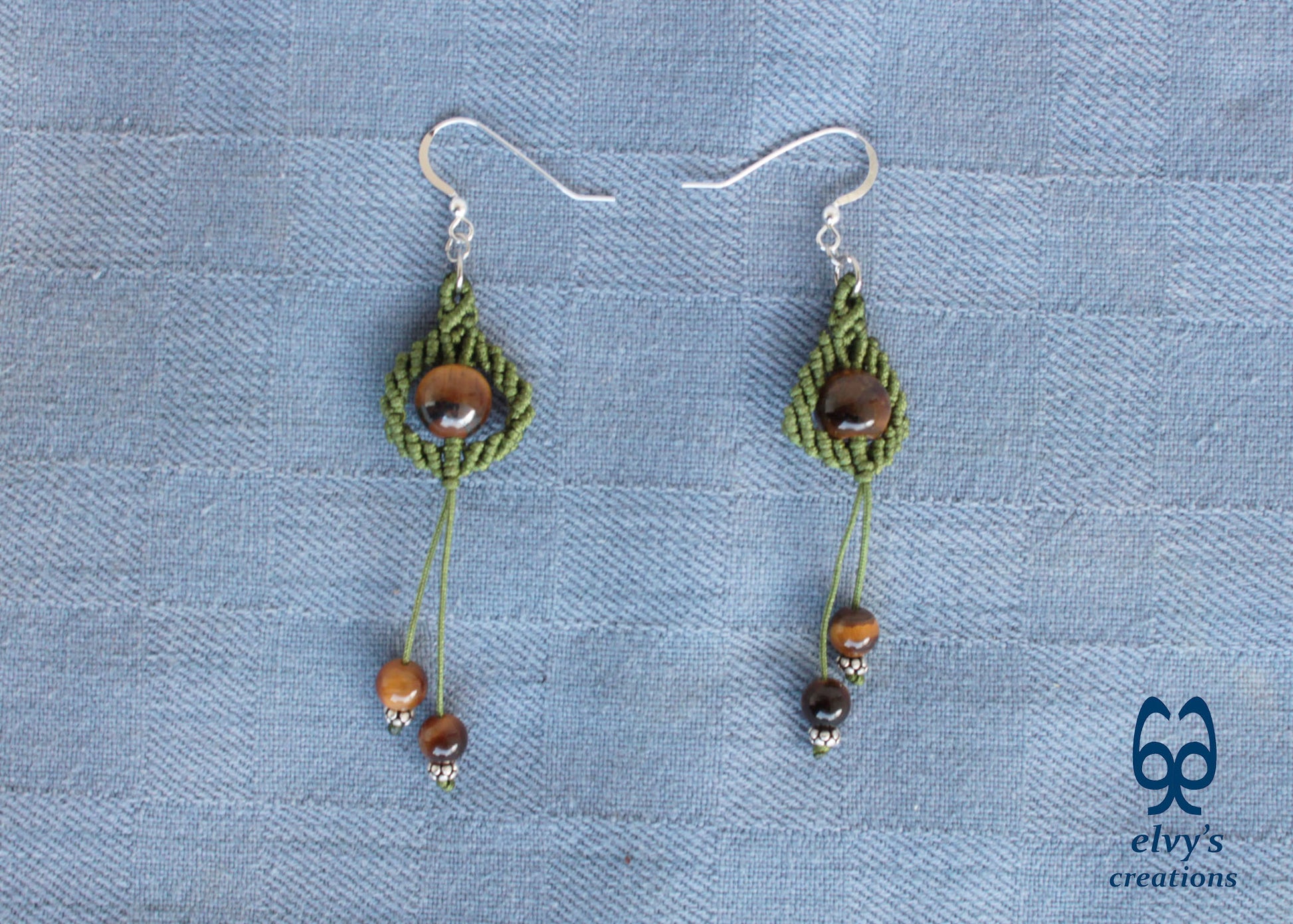 Handmade Green Macrame Earrings with Long Dangle Tiger Eye Gemstones