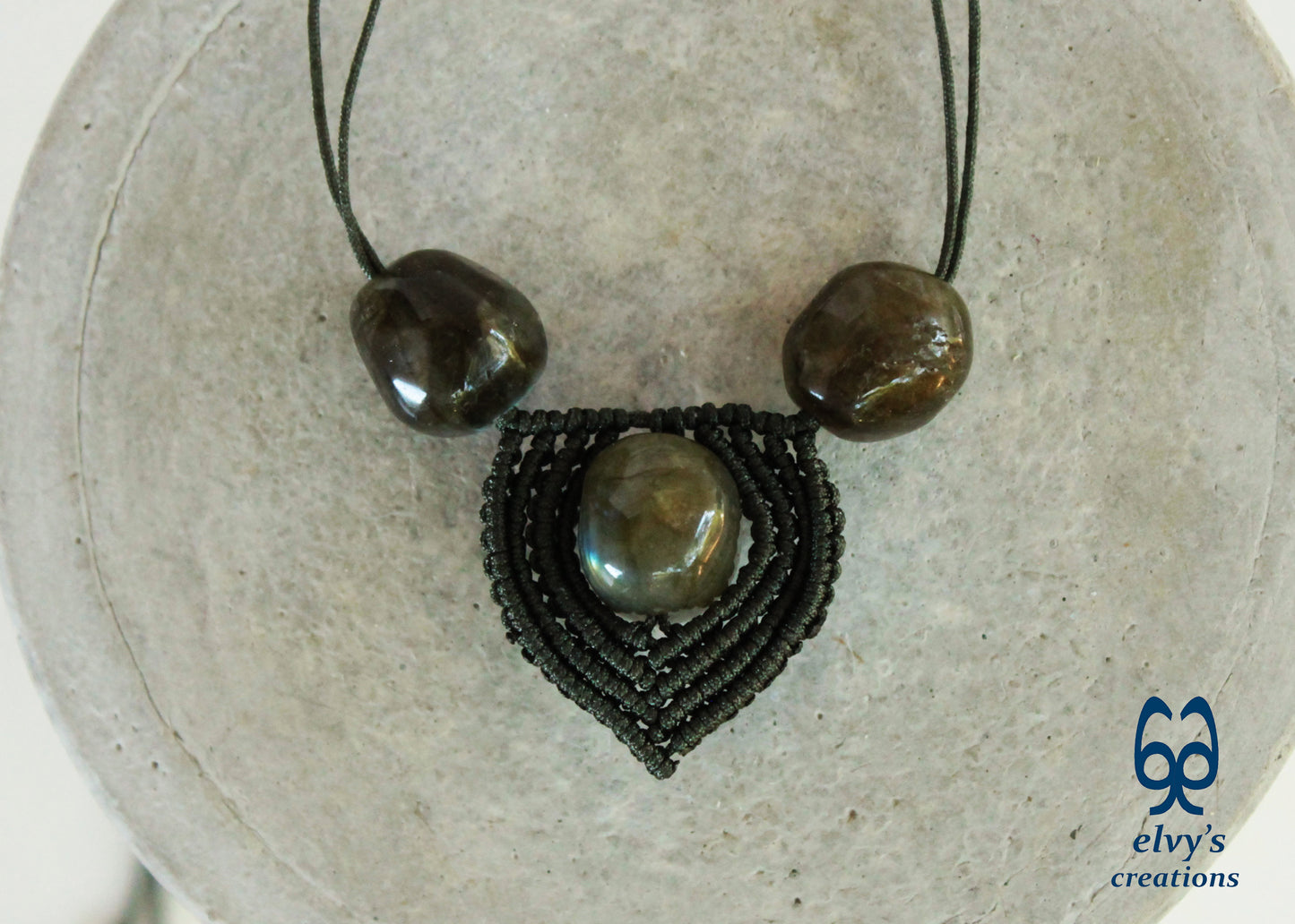 Blue Macrame Necklace Labradorite Pendant Lace Macrame Wrapped Gemstone