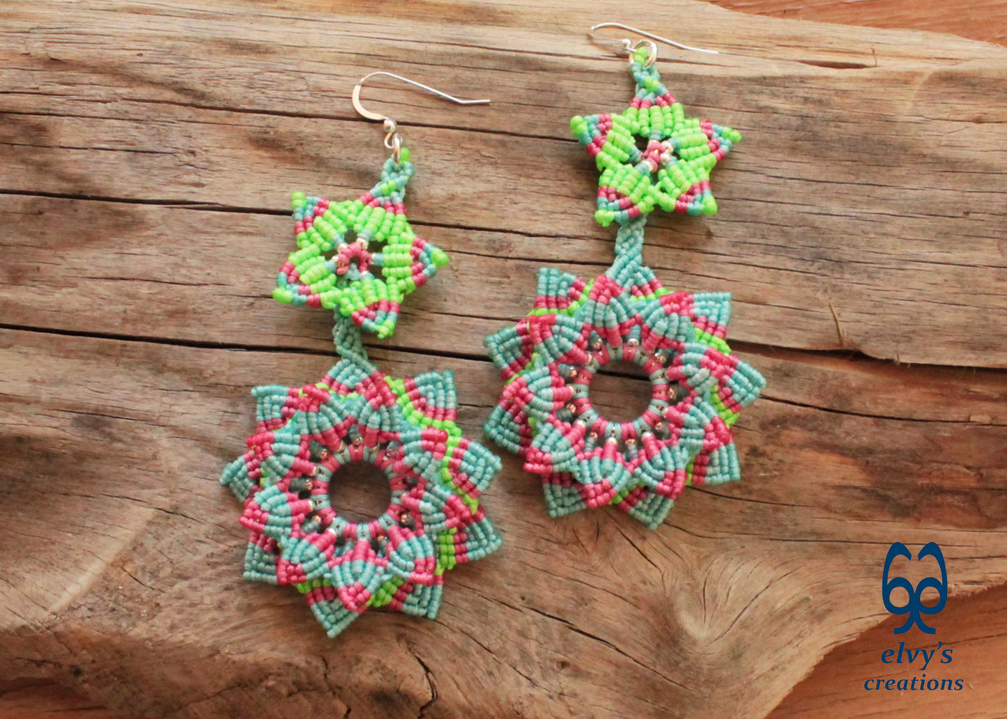 Mandala Flower Macrame Earrings, Silver Beaded Gemstone Earrings, Gift for Women