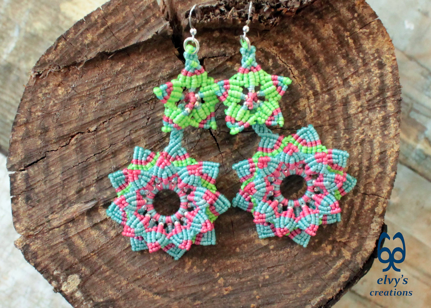 Mandala Flower Macrame Earrings, Silver Beaded Gemstone Earrings, Gift for Women