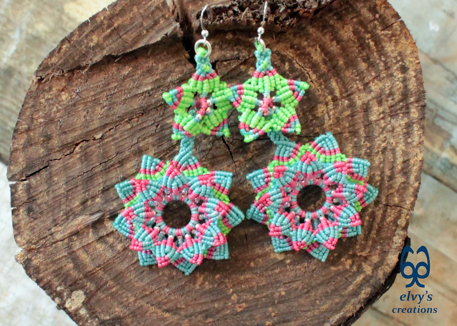 Mandala Flower Macrame Earrings, Silver Beaded Gemstone Earrings, Gift for Women