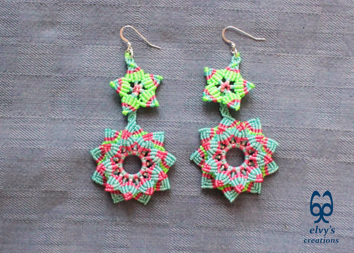 Mandala Flower Macrame Earrings, Silver Beaded Gemstone Earrings, Gift for Women