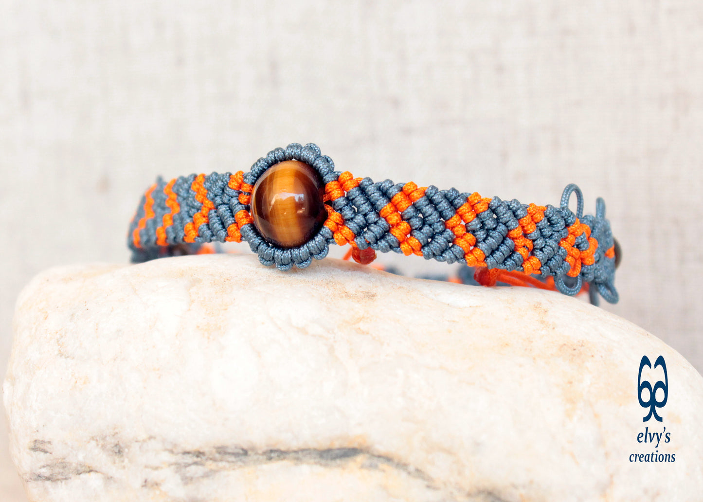 Orange and Gray Bracelet with Tiger Eye Natural Gem Adjustable Beaded Cuff Anklet for Women