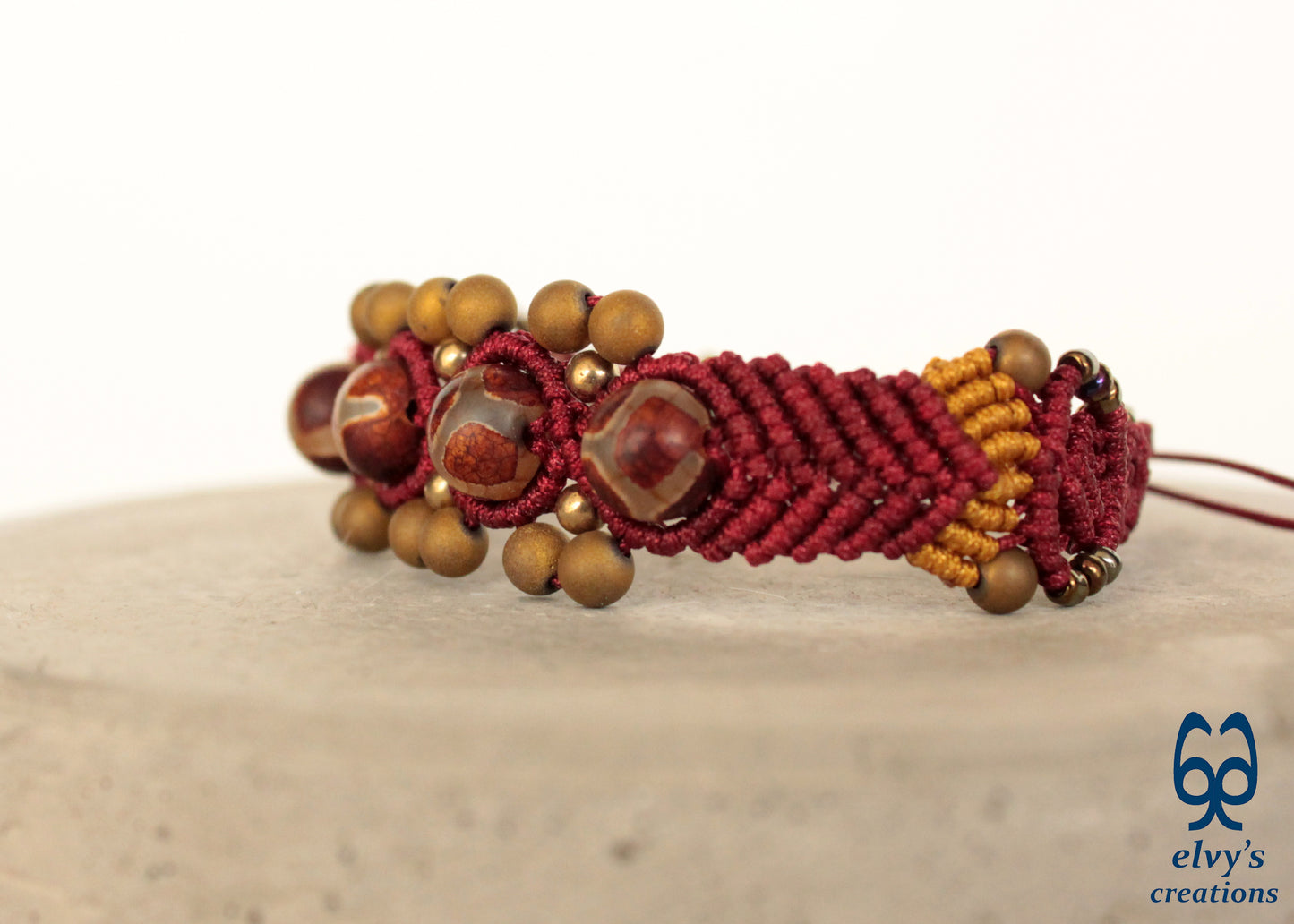 Red Macrame Bracelet Agate and Gold Hematite Beaded Boho Tribal Festival Bracelet for Women