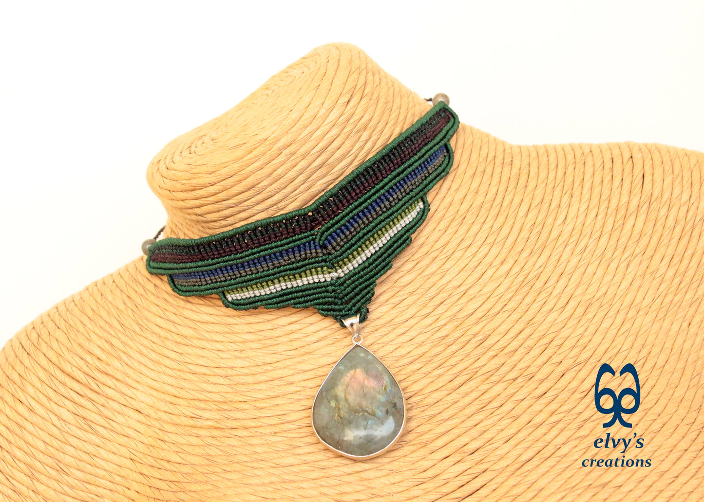 Labradorite Gemstone Necklace Green Macrame Choker Multi color Pendant