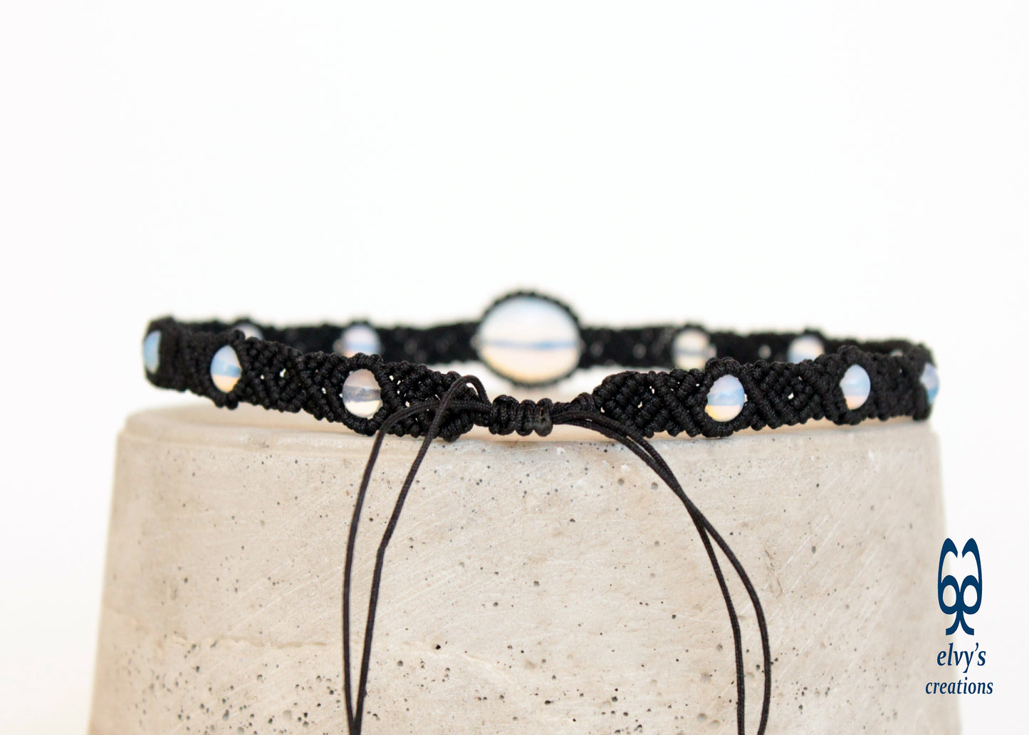 Black Macrame Choker Necklace With Moonstones for women Beaded Gemstones Unisex 