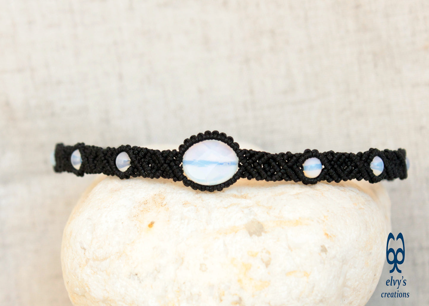 Black Macrame Choker Necklace With Moonstones for women Beaded Gemstones Unisex 