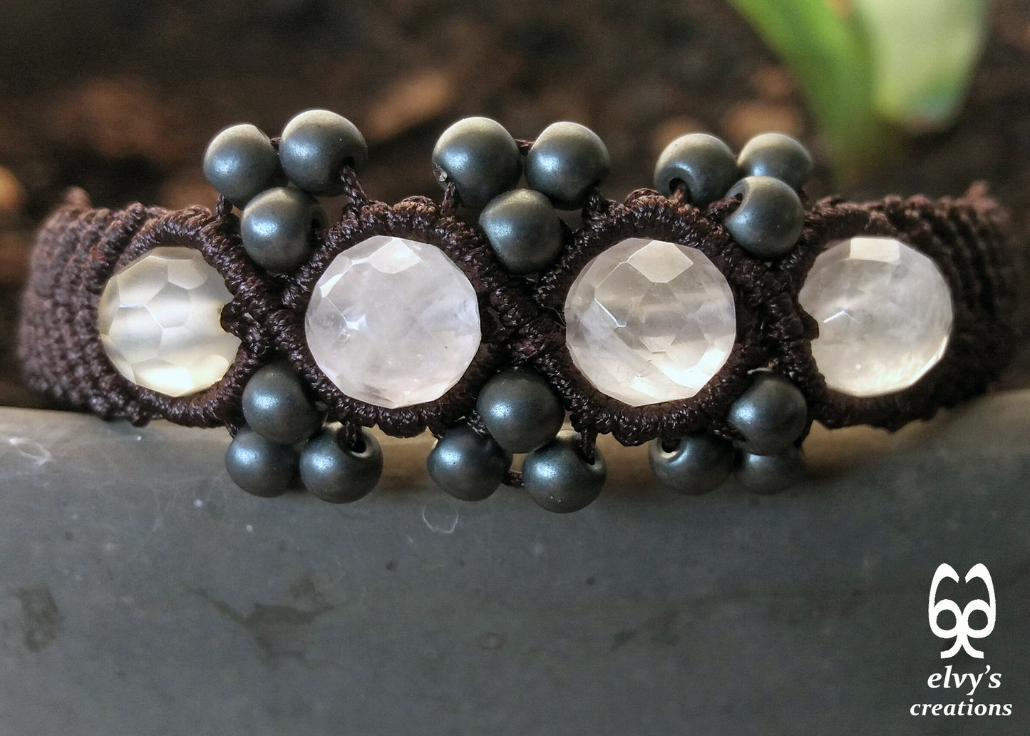 Brown Macrame Adjustable Cuff Bracelet with Pink Quartz and Dark Gray 