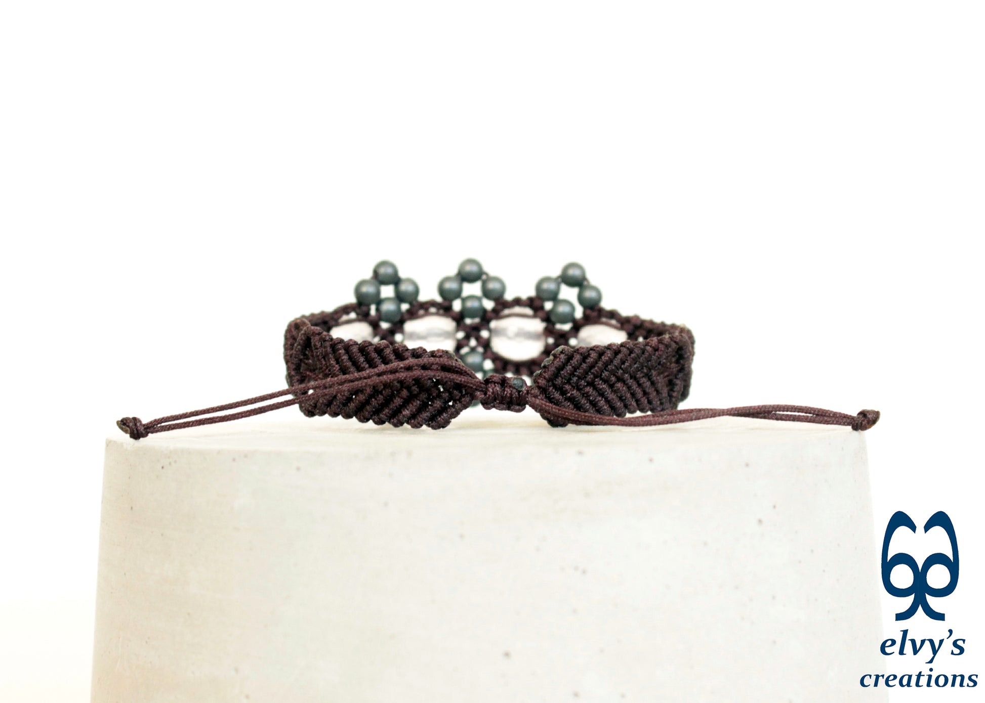 Brown Macrame Adjustable Cuff Bracelet with Pink Quartz and Dark Gray 