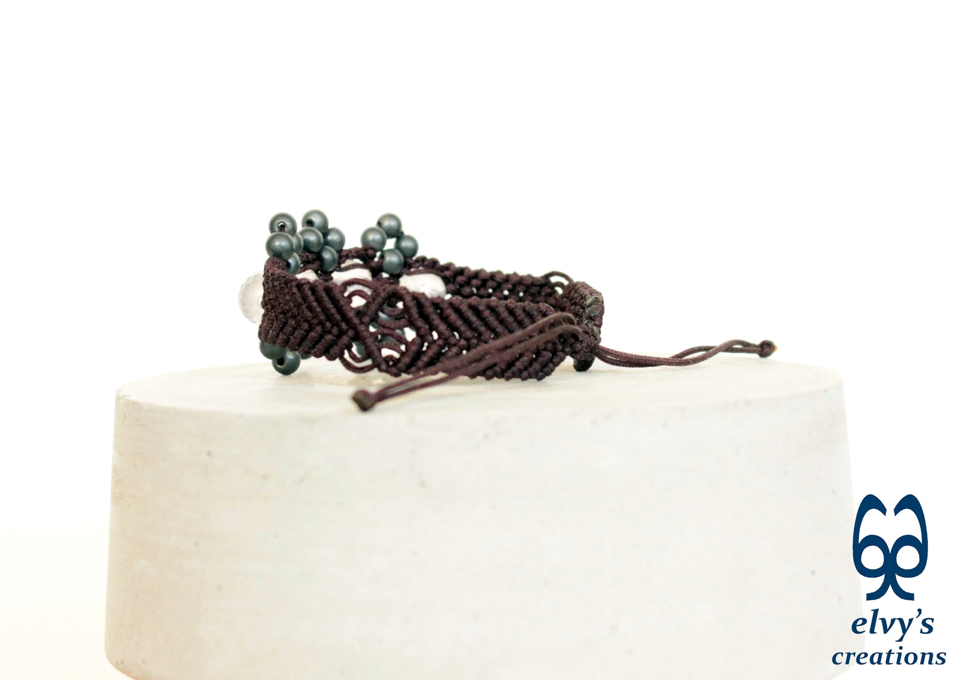 Brown Macrame Adjustable Cuff Bracelet with Pink Quartz and Dark Gray 