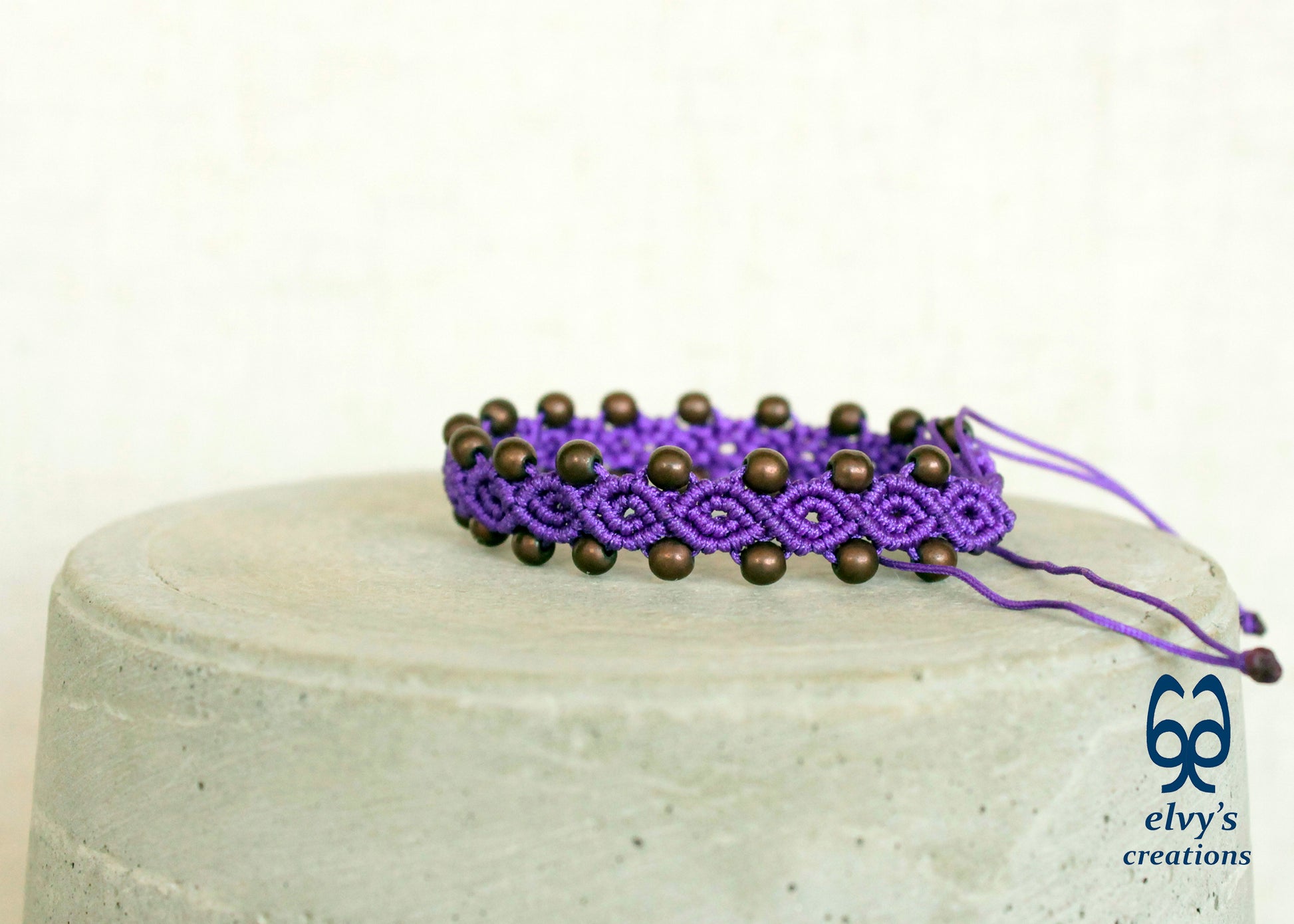 Purple Macrame Bracelet with Hematite Gemstone Beaded Cuff, Unique Birthday Gift for Women