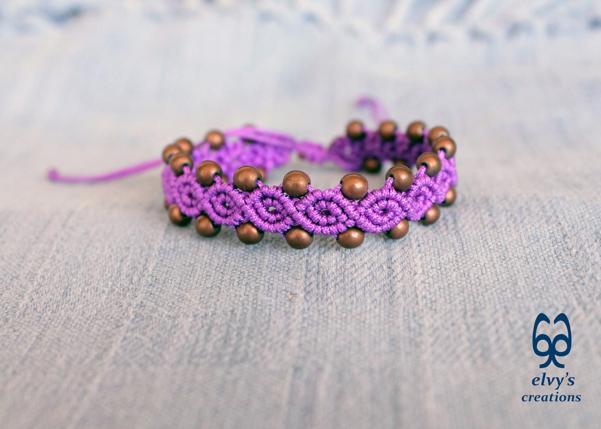 Purple Macrame Bracelet with Hematite Gemstone Beaded Cuff, Unique Birthday Gift for Women