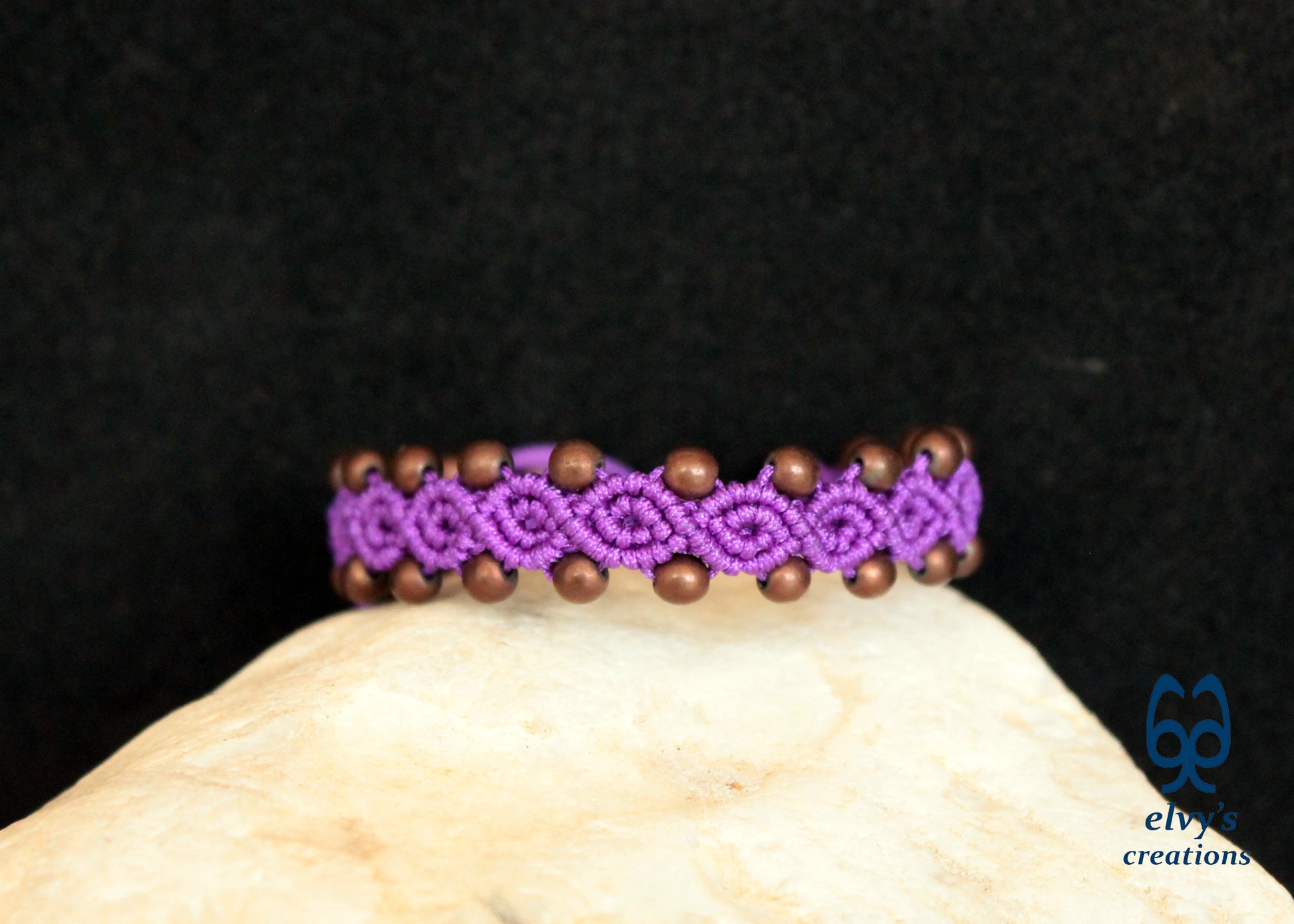 Purple Macrame Bracelet with Hematite Gemstone Beaded Cuff, Unique Birthday Gift for Women