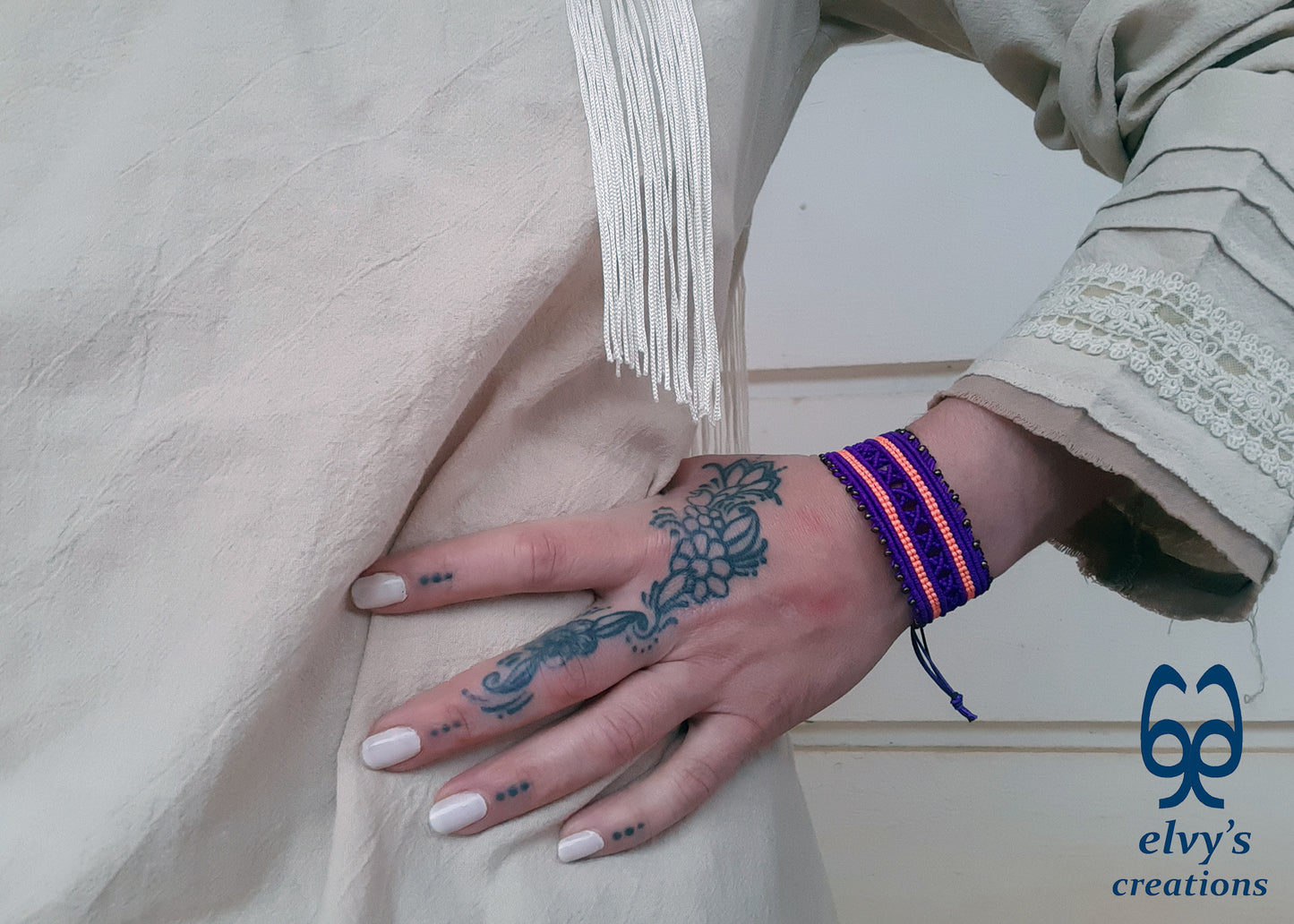 Purple and Fluorescent Orange Macrame Cuff Bracelet Adjustable with Bronze Miyuki Beads