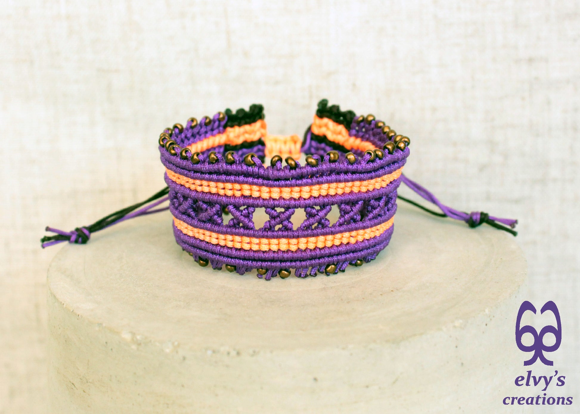 Purple and Fluorescent Orange Macrame Cuff Bracelet Adjustable with Bronze Miyuki Beads