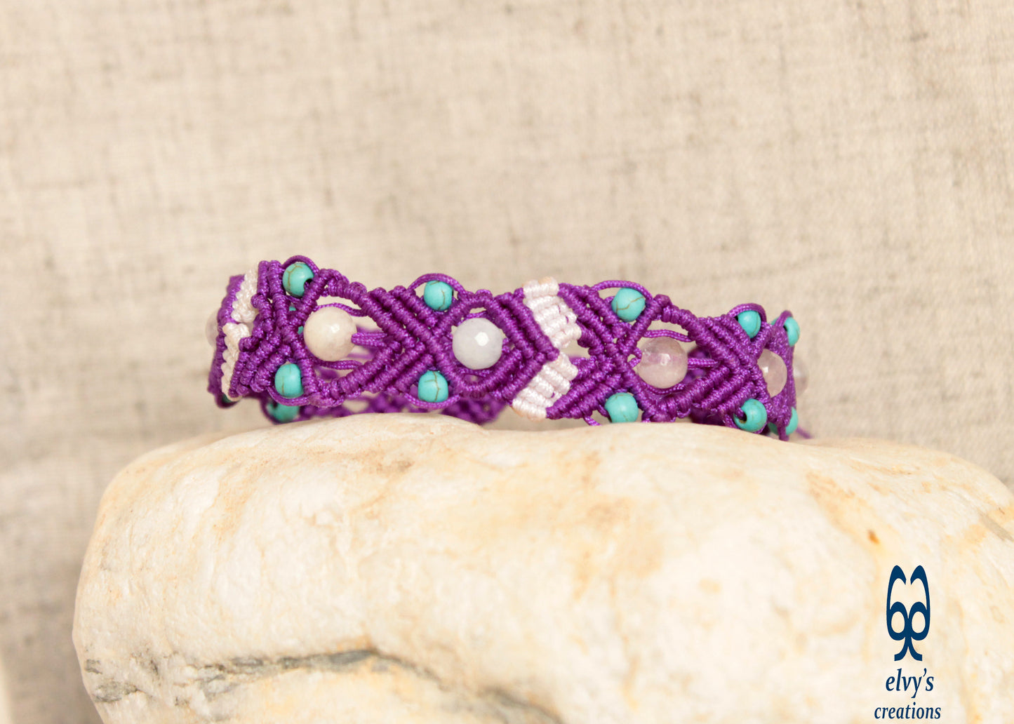 Purple and White Macrame Beaded Cuff Anklet with Turquoise Gemstones and Crystal Quartz