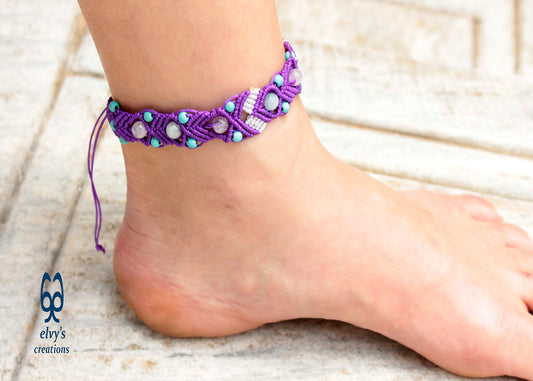 Purple and White Macrame Beaded Cuff Anklet with Turquoise Gemstones and Crystal Quartz