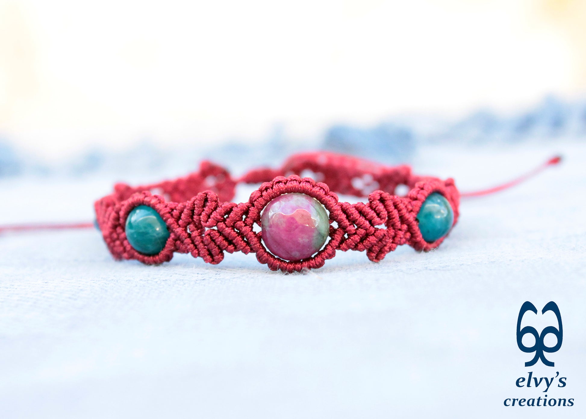 Handmade Macrame Bracelet, Ruby Agate Gemstone Beads Bracelet, Unique Birthday Gift for Women