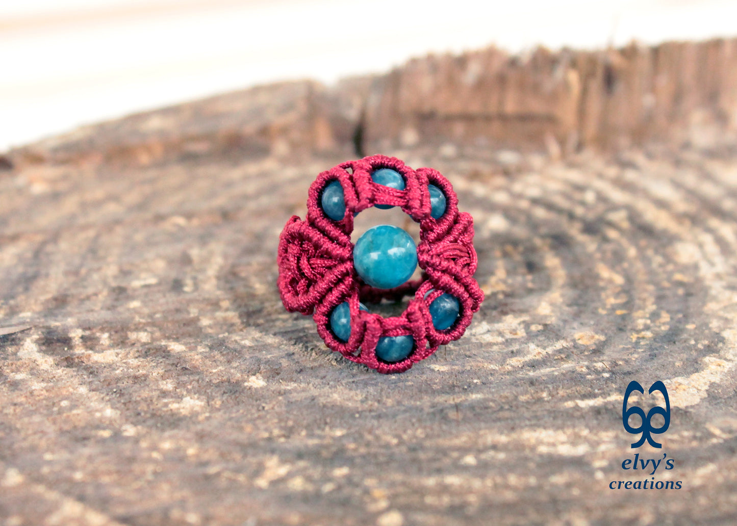 Red Macrame Ring Blue Apatite Gemstones Ring with Healing Gemstones Gift for Women