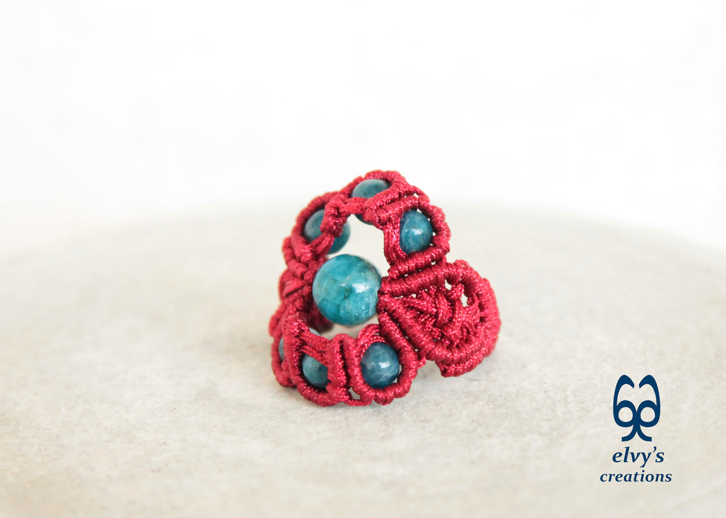 Red Macrame Ring Blue Apatite Gemstones Ring with Healing Gemstones Gift for Women