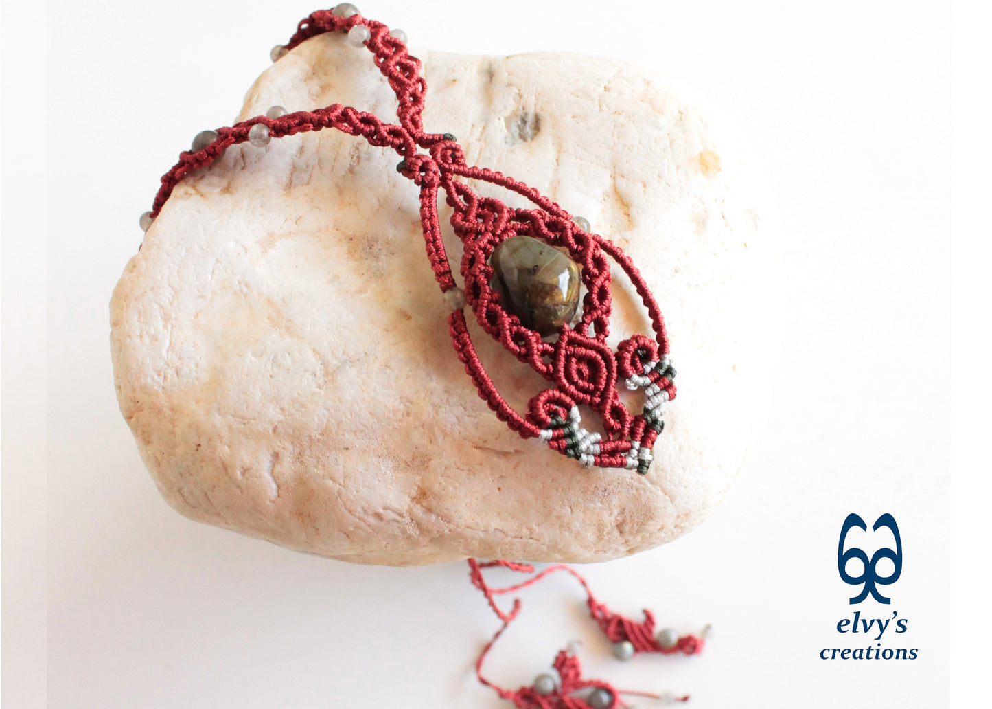 Labradorite Beaded Necklace, Gemstone Macrame Choker, Unique Birthday Gift for Women or Men