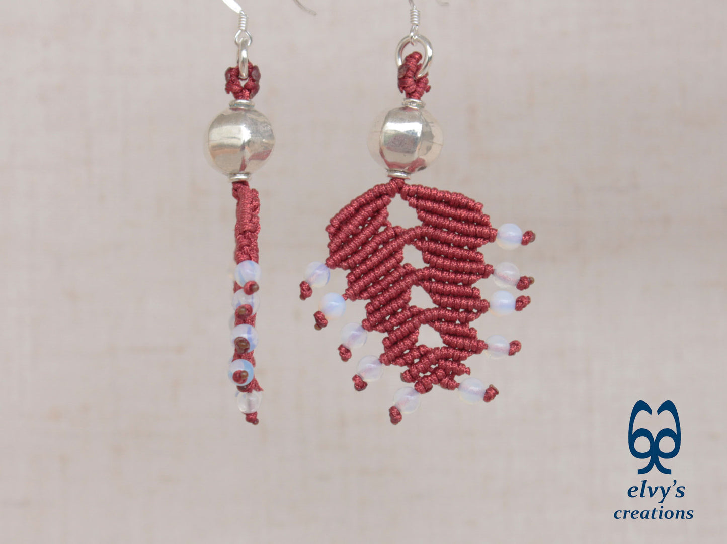 Red Macrame Earrings with Moonstones Lace Rainbow Moonstone Gemstones Boho Earrings 