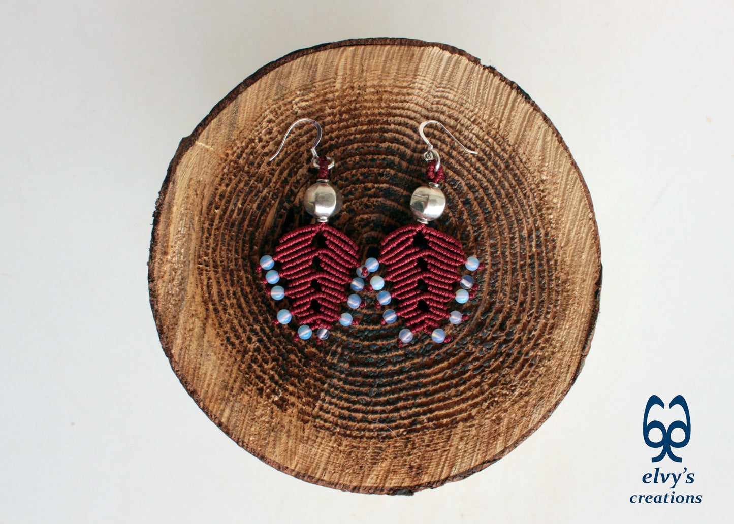 Red Macrame Earrings with Moonstones Lace Rainbow Moonstone Gemstones Boho Earrings 