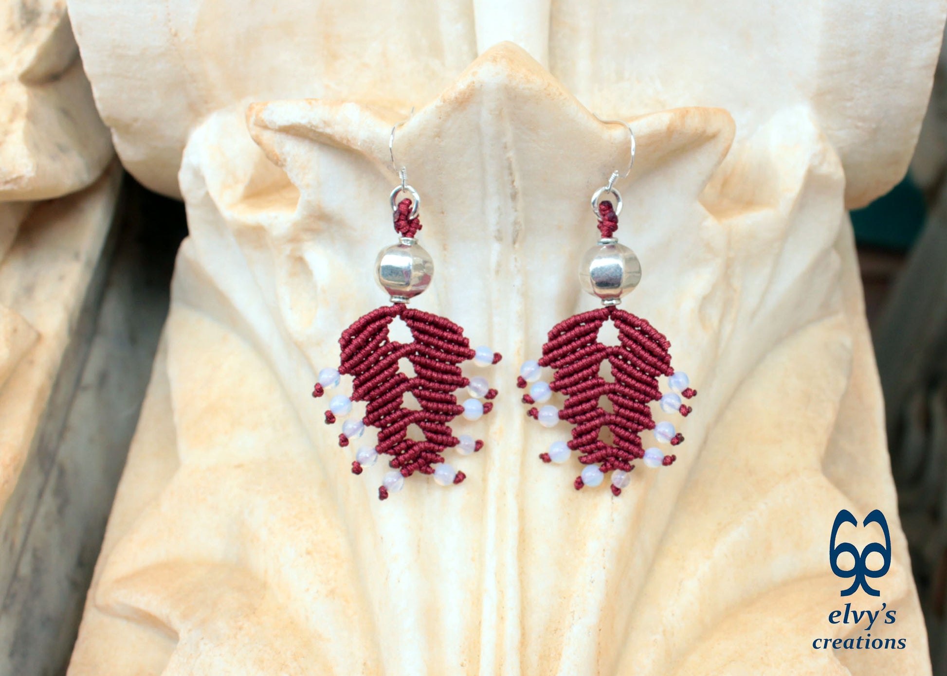 Red Macrame Earrings with Moonstones Lace Rainbow Moonstone Gemstones Boho Earrings 