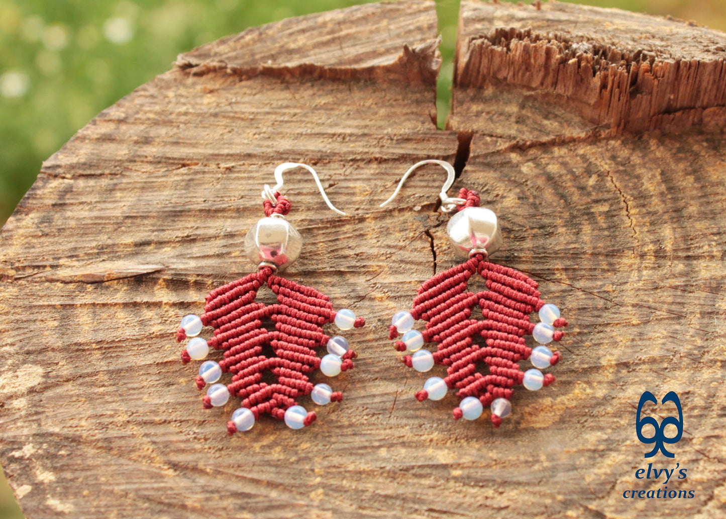 Red Macrame Earrings with Moonstones Lace Rainbow Moonstone Gemstones Boho Earrings 