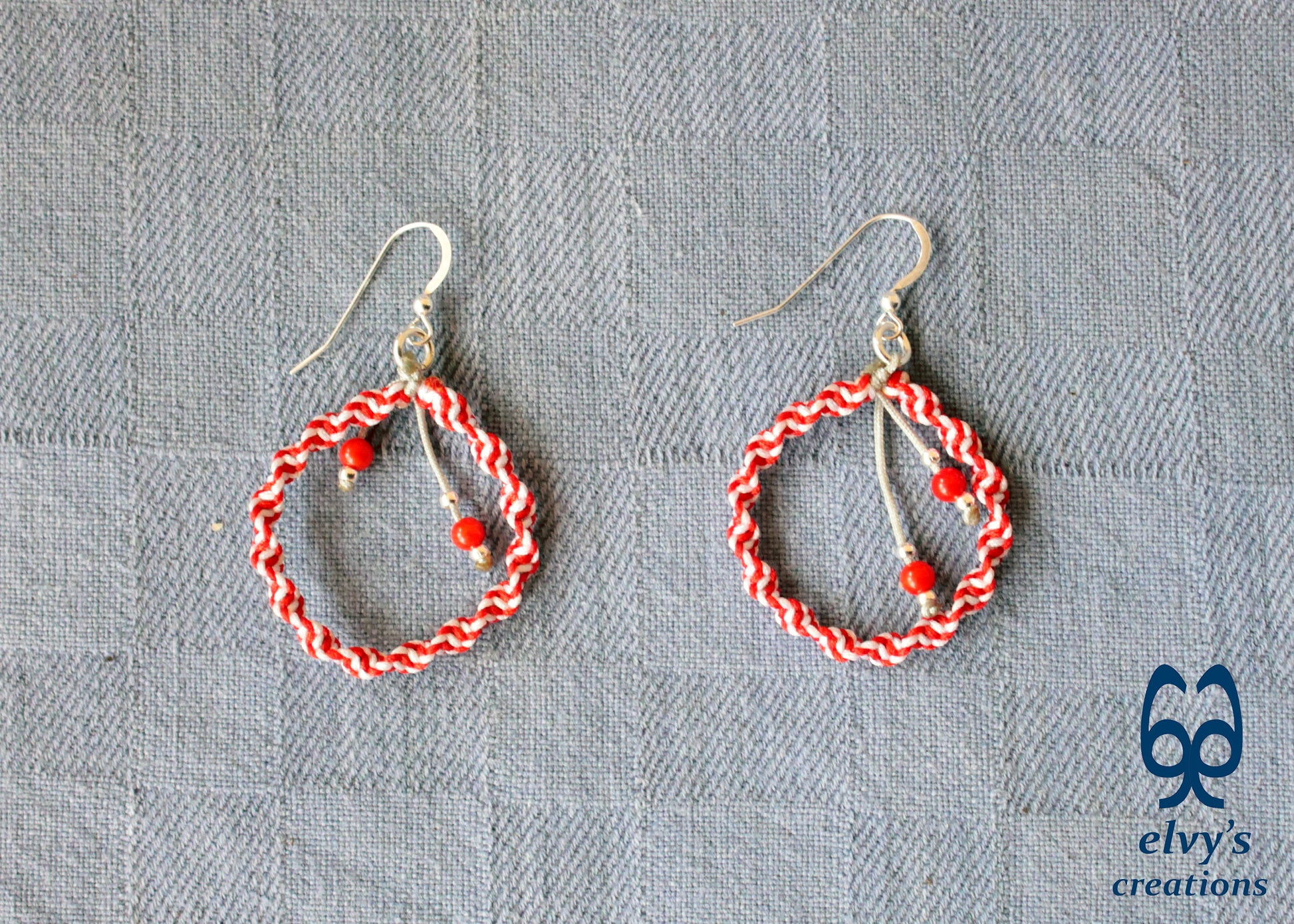 Handmade White and Red Macrame Earrings, Candy Cane Christmas Earrings, Dangle Gemstone Beads Earrings, Birthday Gift for Women