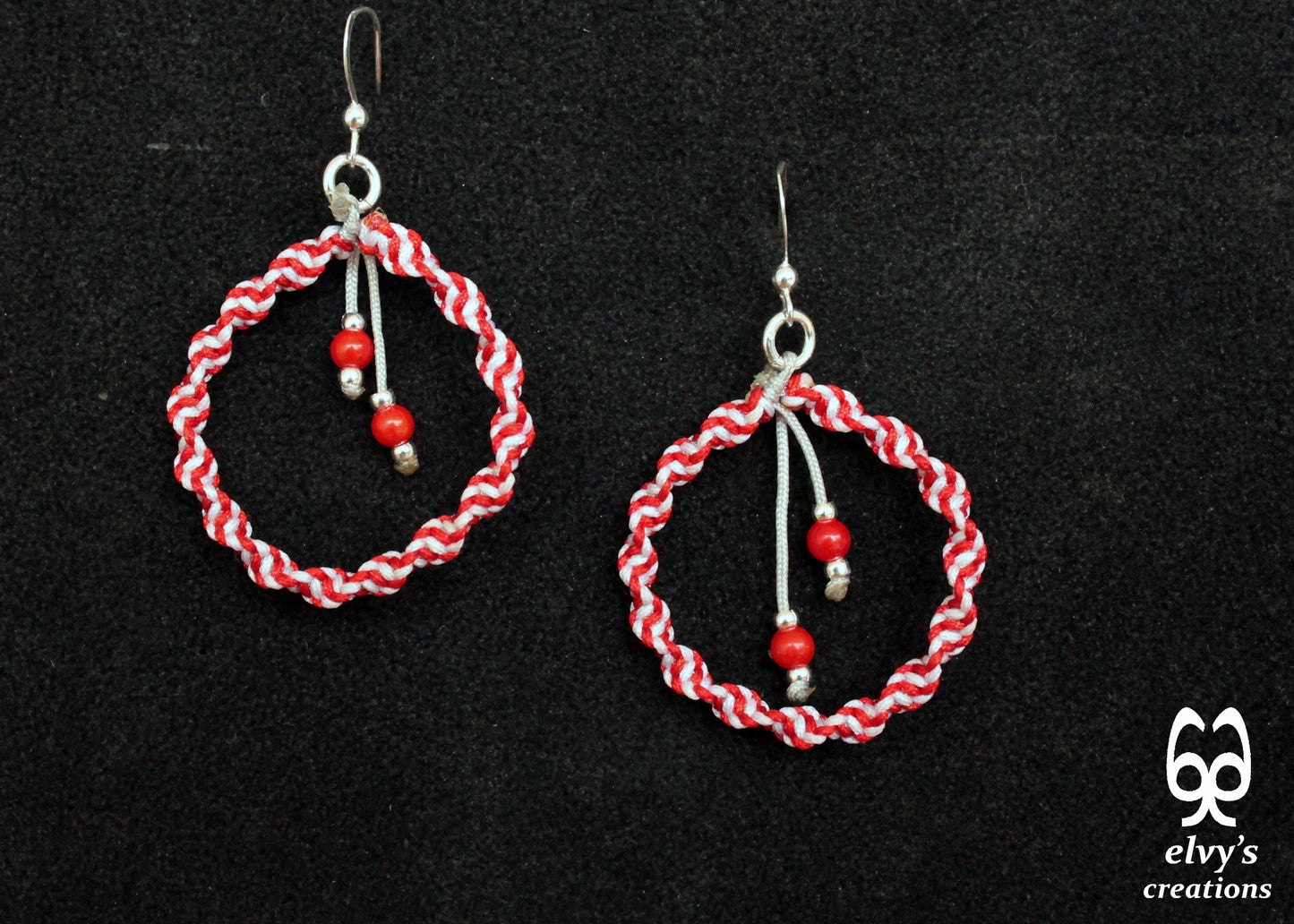 Handmade White and Red Macrame Earrings, Candy Cane Christmas Earrings, Dangle Gemstone Beads Earrings, Birthday Gift for Women