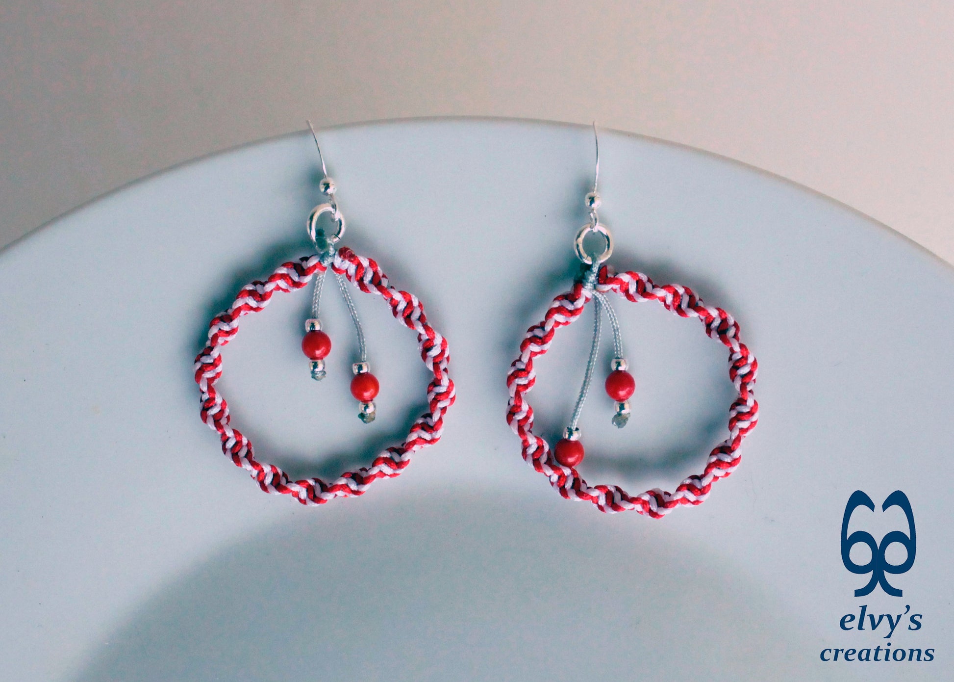 Handmade White and Red Macrame Earrings, Candy Cane Christmas Earrings, Dangle Gemstone Beads Earrings, Birthday Gift for Women