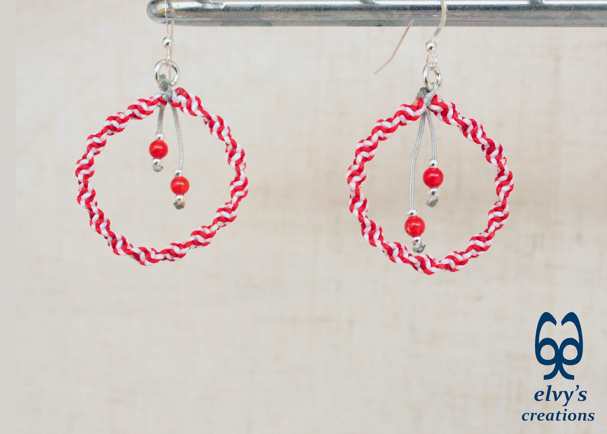 Handmade White and Red Macrame Earrings, Candy Cane Christmas Earrings, Dangle Gemstone Beads Earrings, Birthday Gift for Women