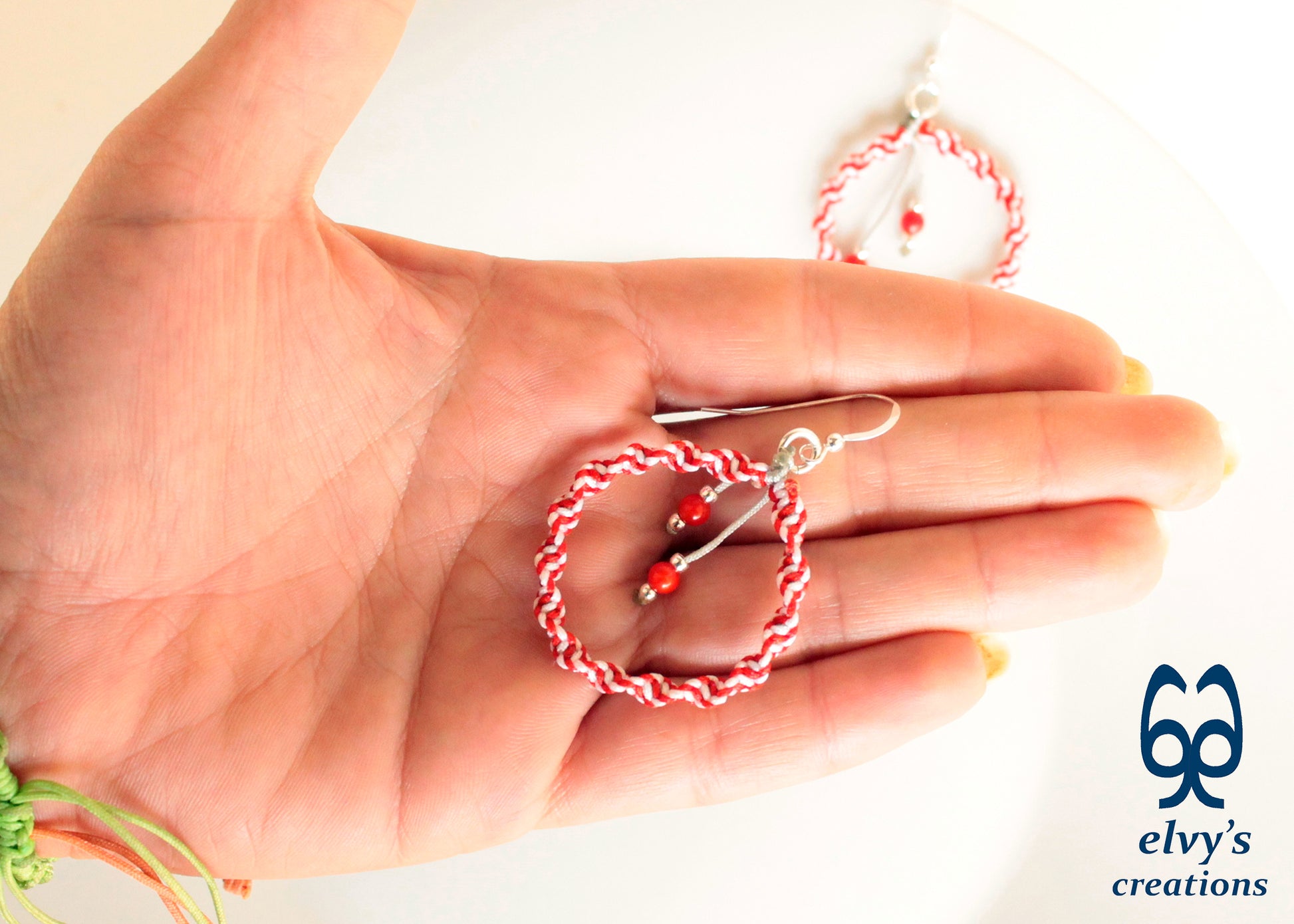 Handmade White and Red Macrame Earrings, Candy Cane Christmas Earrings, Dangle Gemstone Beads Earrings, Birthday Gift for Women