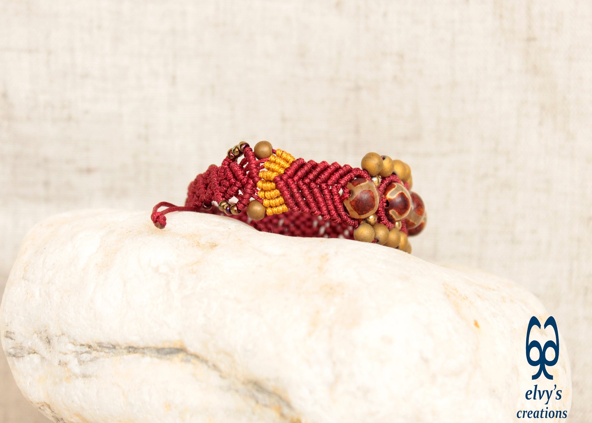 Macrame Red Agate and Gold Hematite Beaded Boho Tribal Fire Pebbles Festival Bracelet for Women