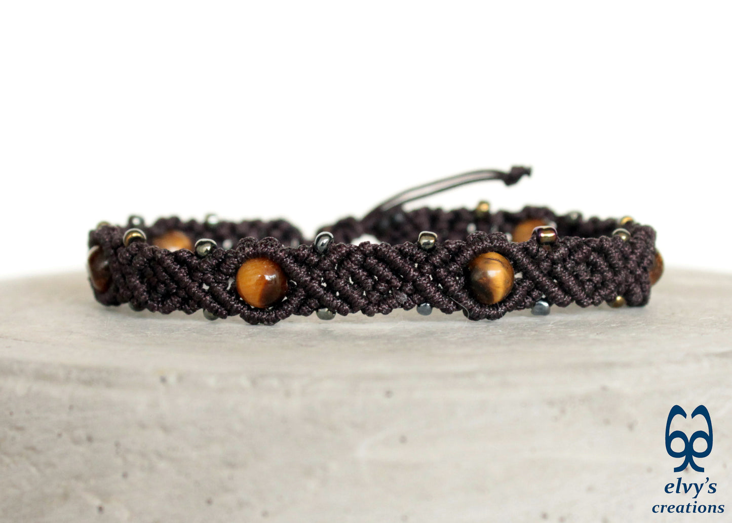 Macrame Brown Adjustable Beaded Bracelet with Tiger Eye Natural Gems for Men & Women Tribal Collection