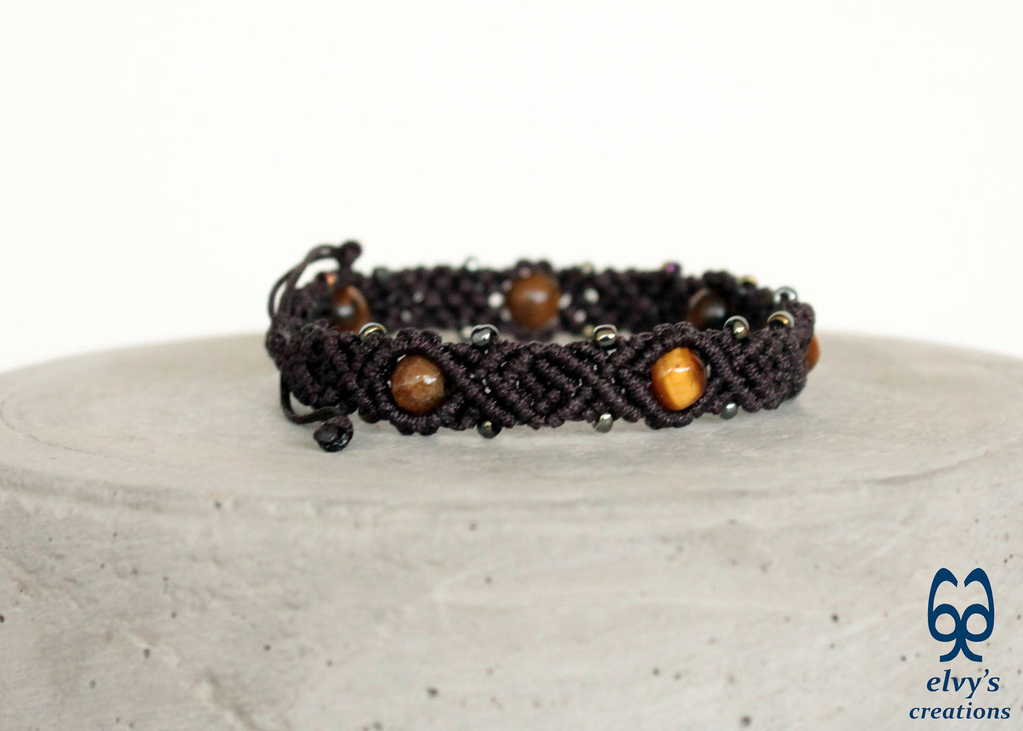 Macrame Brown Adjustable Beaded Bracelet with Tiger Eye Natural Gems for Men & Women Tribal Collection